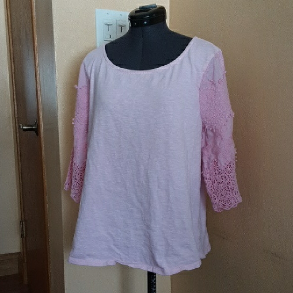 Talbots Tops - Talbots Women's Boho Pink Lace / Crochet Sleeve Top, sz L